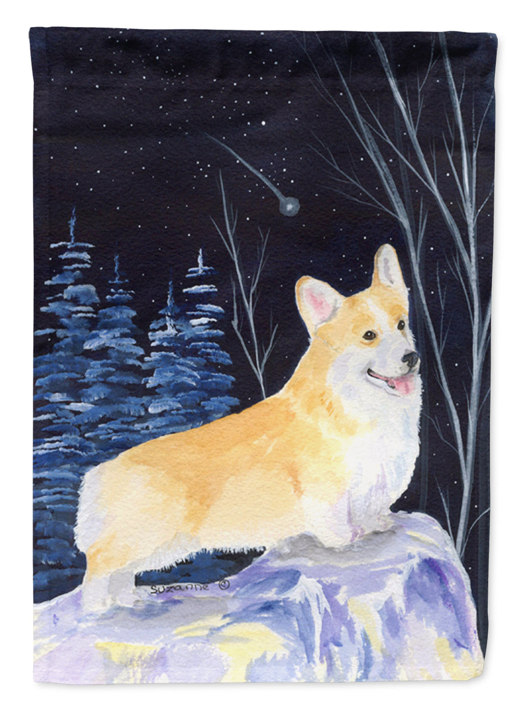 Starry Night Corgi House Flag 28x40 Porch Sleeve Pole Decorative Outside Yard Banner Artwork Wall Hanging, Polyester