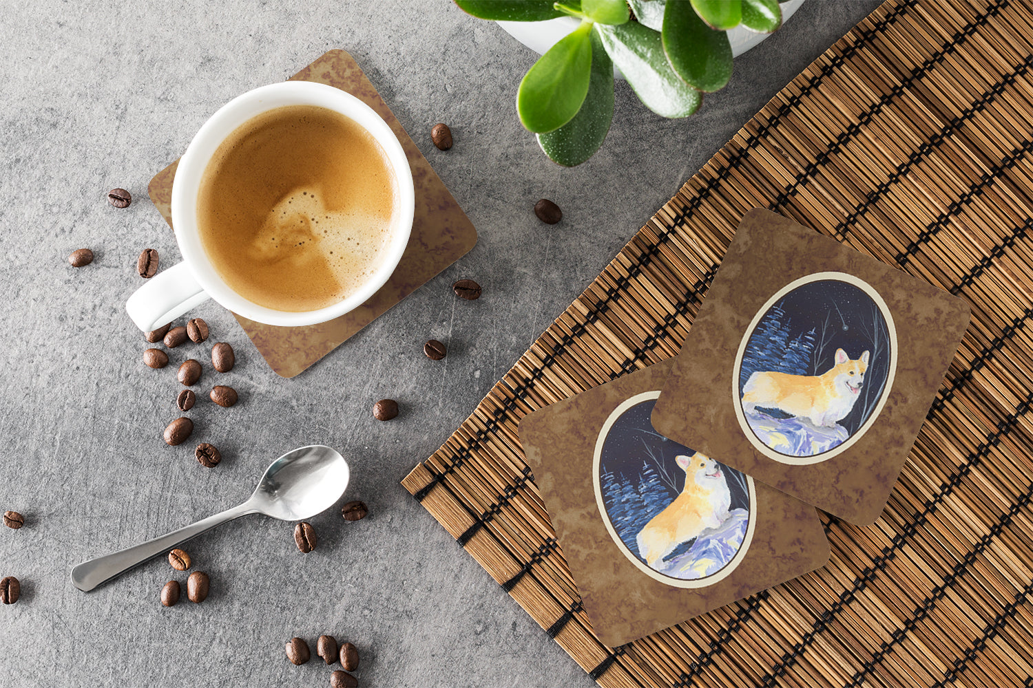 Starry Night Corgi Foam Coasters Set of 4 Cup Coasters for Indoor Outdoor, Tabletop Protection, Anti Slip, Mouse pad Material