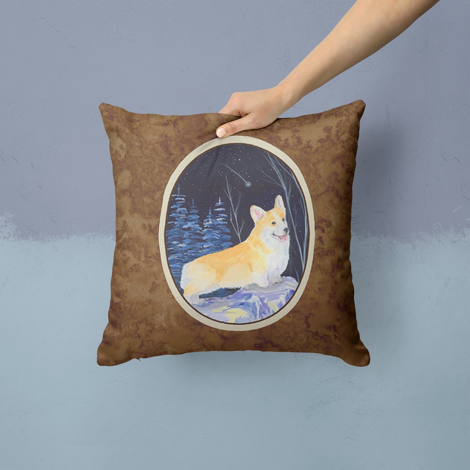 Starry Night Corgi Decorative Throw Pillow 14x14 Indoor Outdoor Accent Cushion, Fabric Cover with Insert for Sofa, Bed, Porch & Living Room