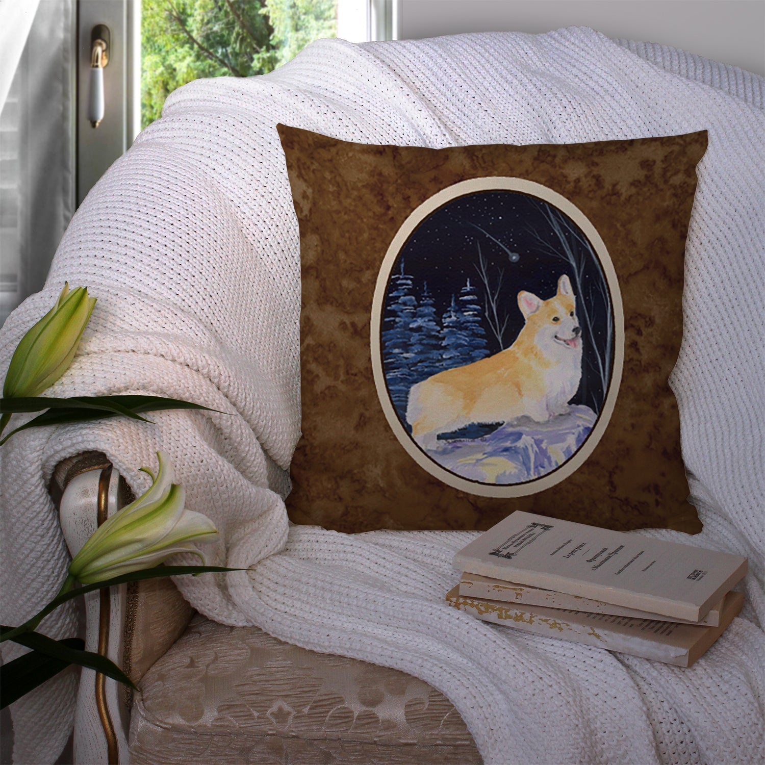 Starry Night Corgi Decorative Throw Pillow 14x14 Indoor Outdoor Accent Cushion, Fabric Cover with Insert for Sofa, Bed, Porch & Living Room