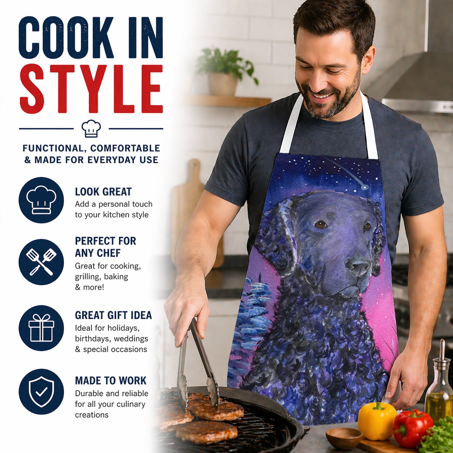 Starry Night Curly Coated Retriever Apron Cooking Kitchen Server Baking Crafts Gardening for Adult Women Men, Unisex, Large, Multicolor