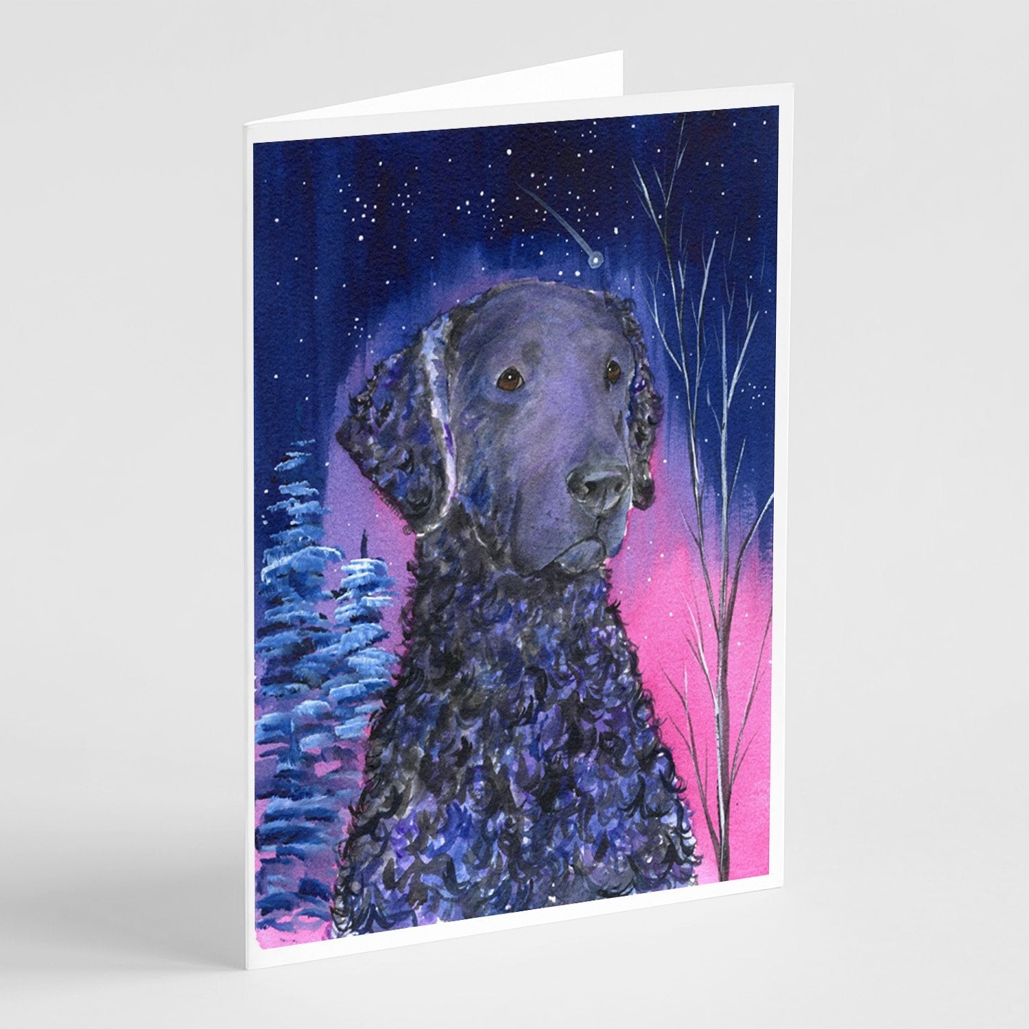 Starry Night Curly Coated Retriever Greeting Cards Pack of 8 Blank Cards with Envelopes Whimsical A7 Size 5x7
