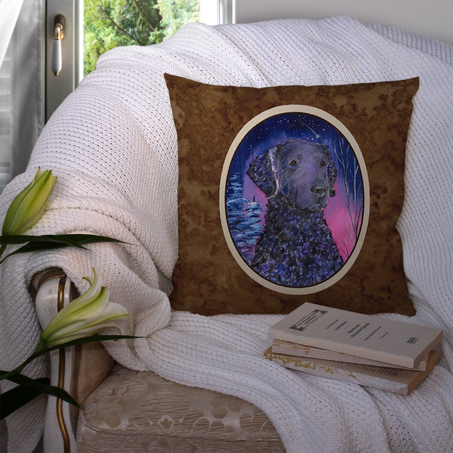 Starry Night Curly Coated Retriever Decorative Throw Pillow 14x14 Indoor Outdoor Accent Cushion, Fabric Cover with Insert for Sofa, Bed, Porch & Living Room