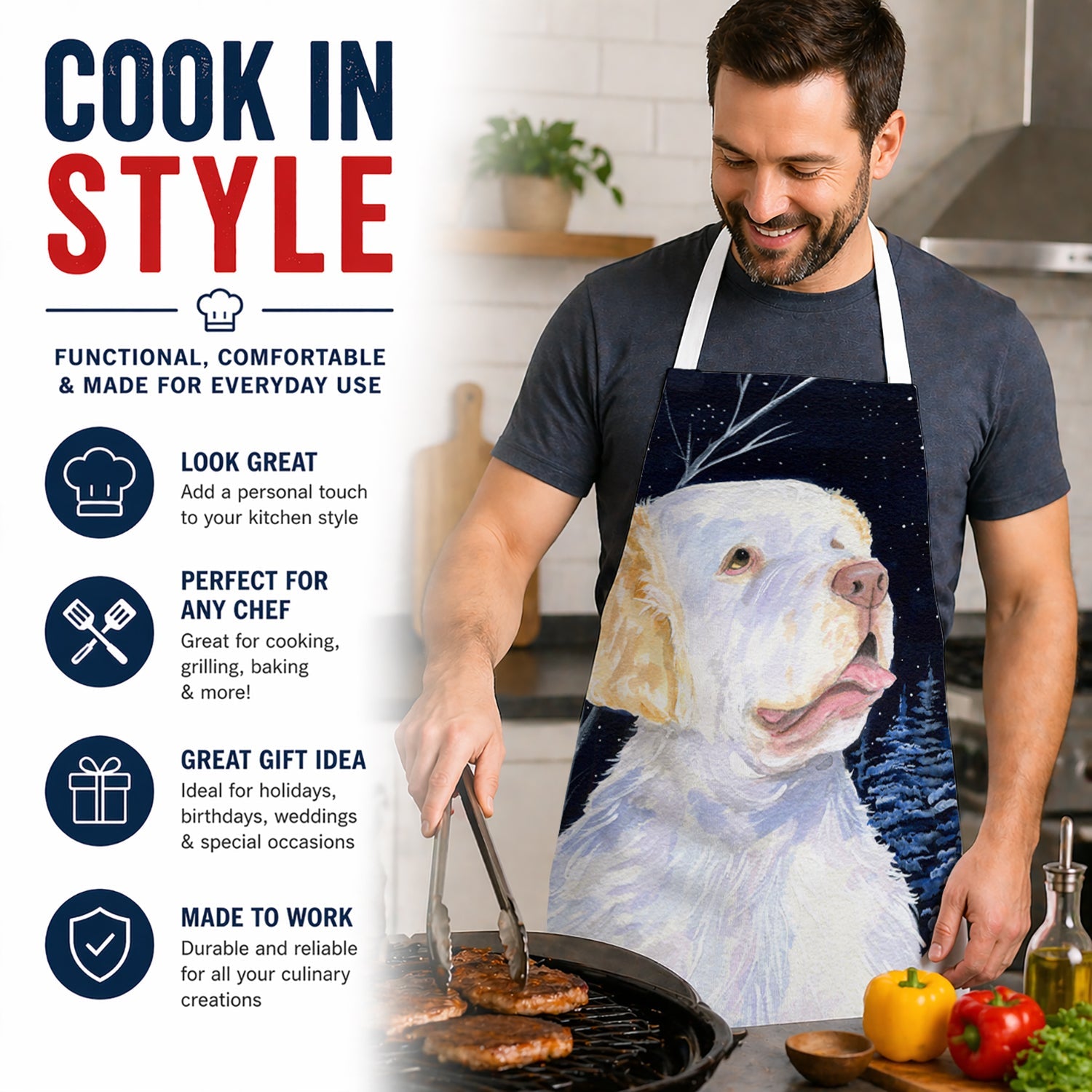 Starry Night Clumber Spaniel Apron Cooking Kitchen Server Baking Crafts Gardening for Adult Women Men, Unisex, Large, Multicolor