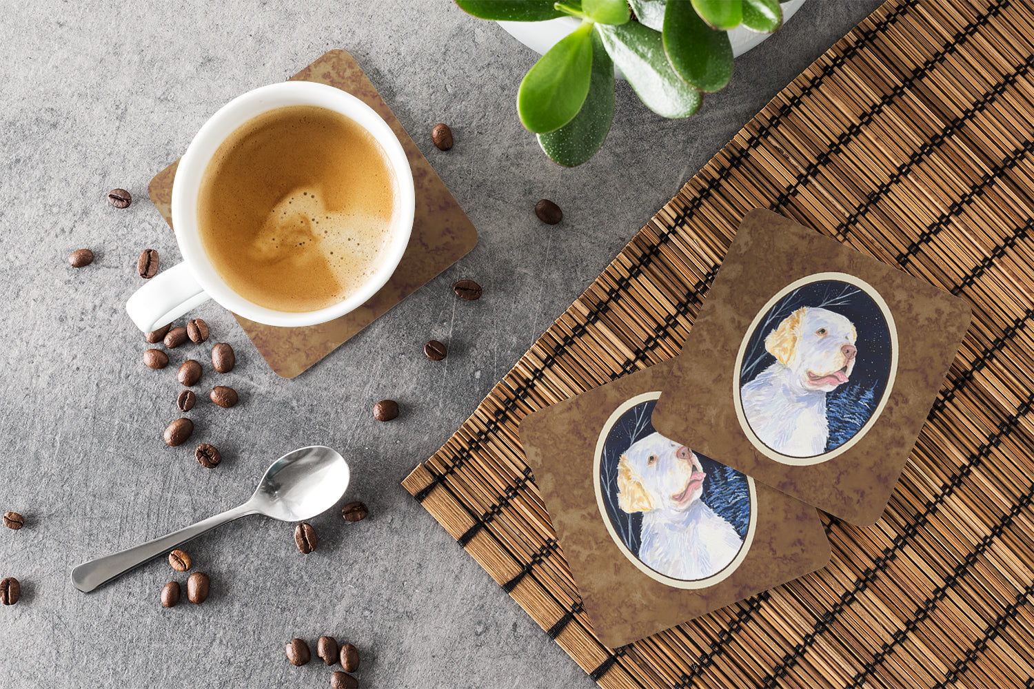 Starry Night Clumber Spaniel Foam Coasters Set of 4 Cup Coasters for Indoor Outdoor, Tabletop Protection, Anti Slip, Mouse pad Material