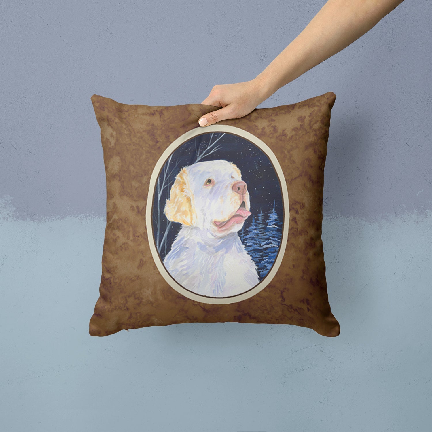 Starry Night Clumber Spaniel Decorative Throw Pillow 14x14 Indoor Outdoor Accent Cushion, Fabric Cover with Insert for Sofa, Bed, Porch & Living Room