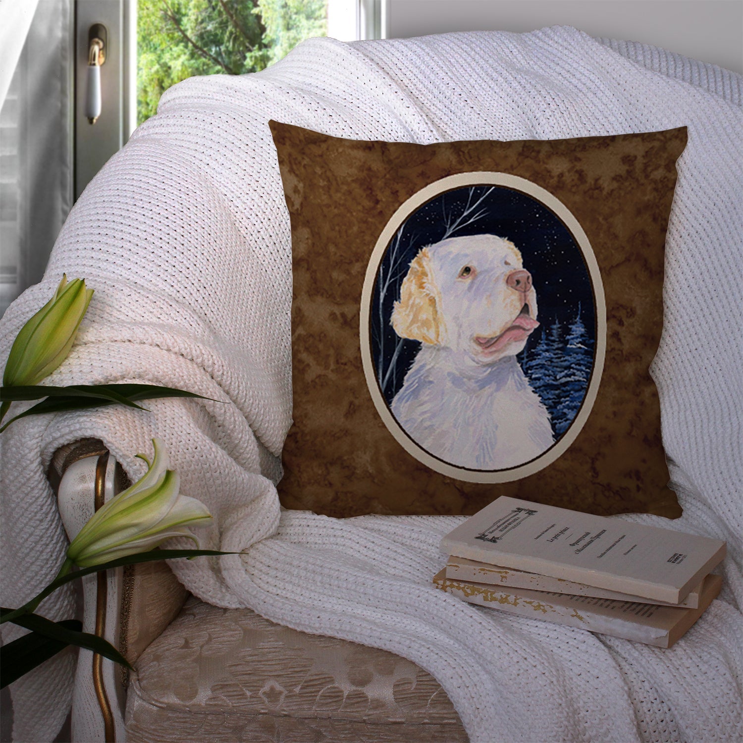 Starry Night Clumber Spaniel Decorative Throw Pillow 14x14 Indoor Outdoor Accent Cushion, Fabric Cover with Insert for Sofa, Bed, Porch & Living Room