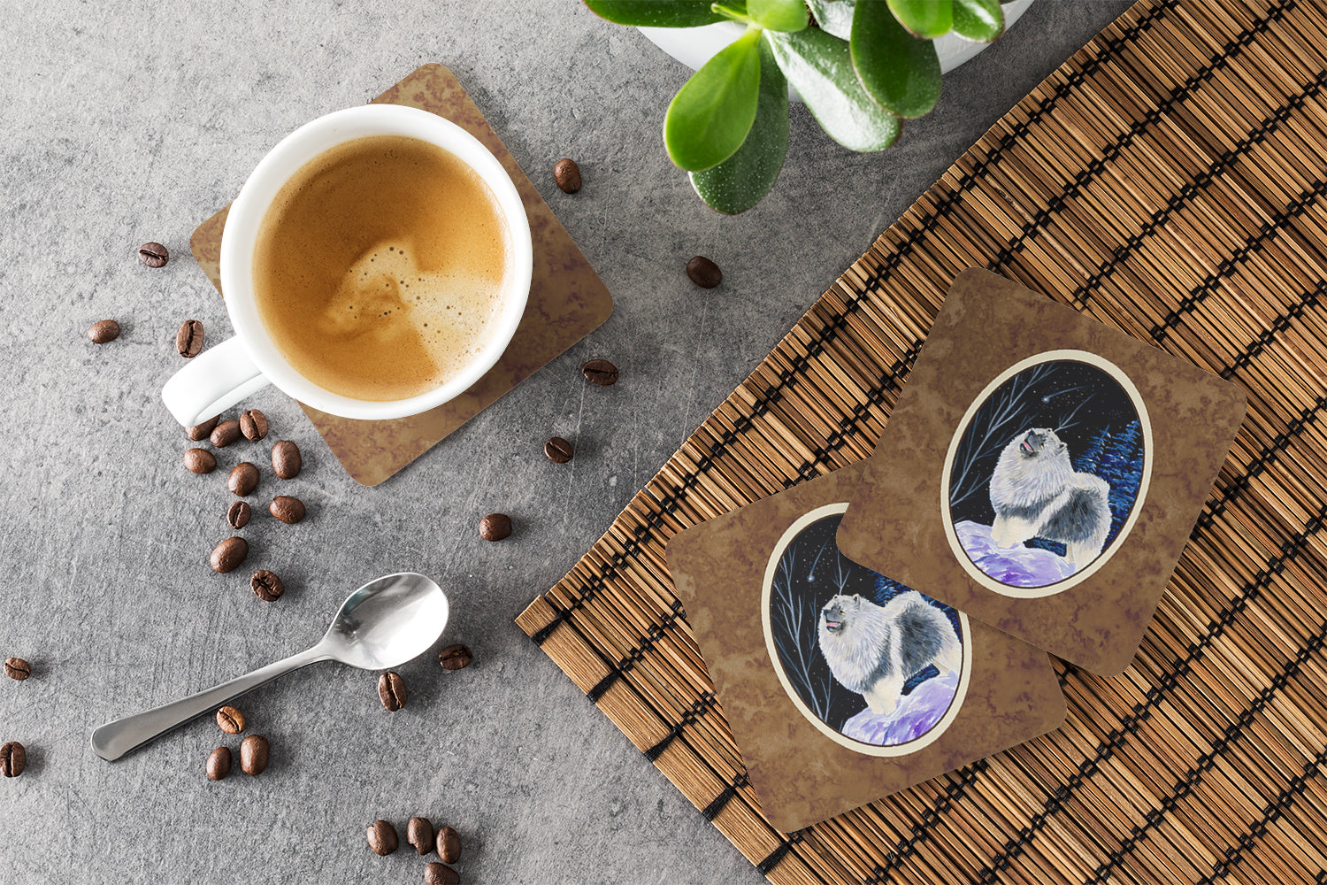 Starry Night Keeshond Foam Coasters Set of 4 Cup Coasters for Indoor Outdoor, Tabletop Protection, Anti Slip, Mouse pad Material