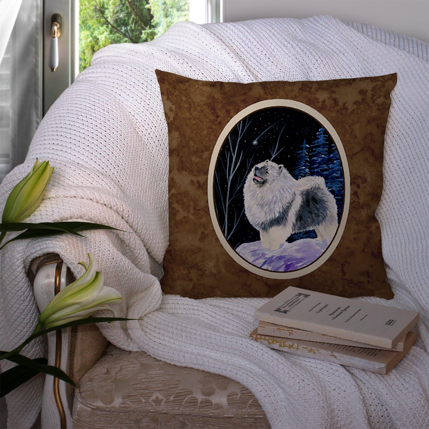 Starry Night Keeshond Decorative Throw Pillow 14x14 Indoor Outdoor Accent Cushion, Fabric Cover with Insert for Sofa, Bed, Porch & Living Room
