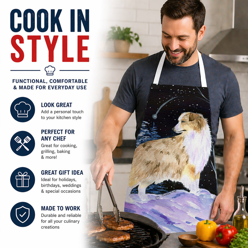 Starry Night Australian Shepherd Apron Cooking Kitchen Server Baking Crafts Gardening for Adult Women Men, Unisex, Large, Multicolor