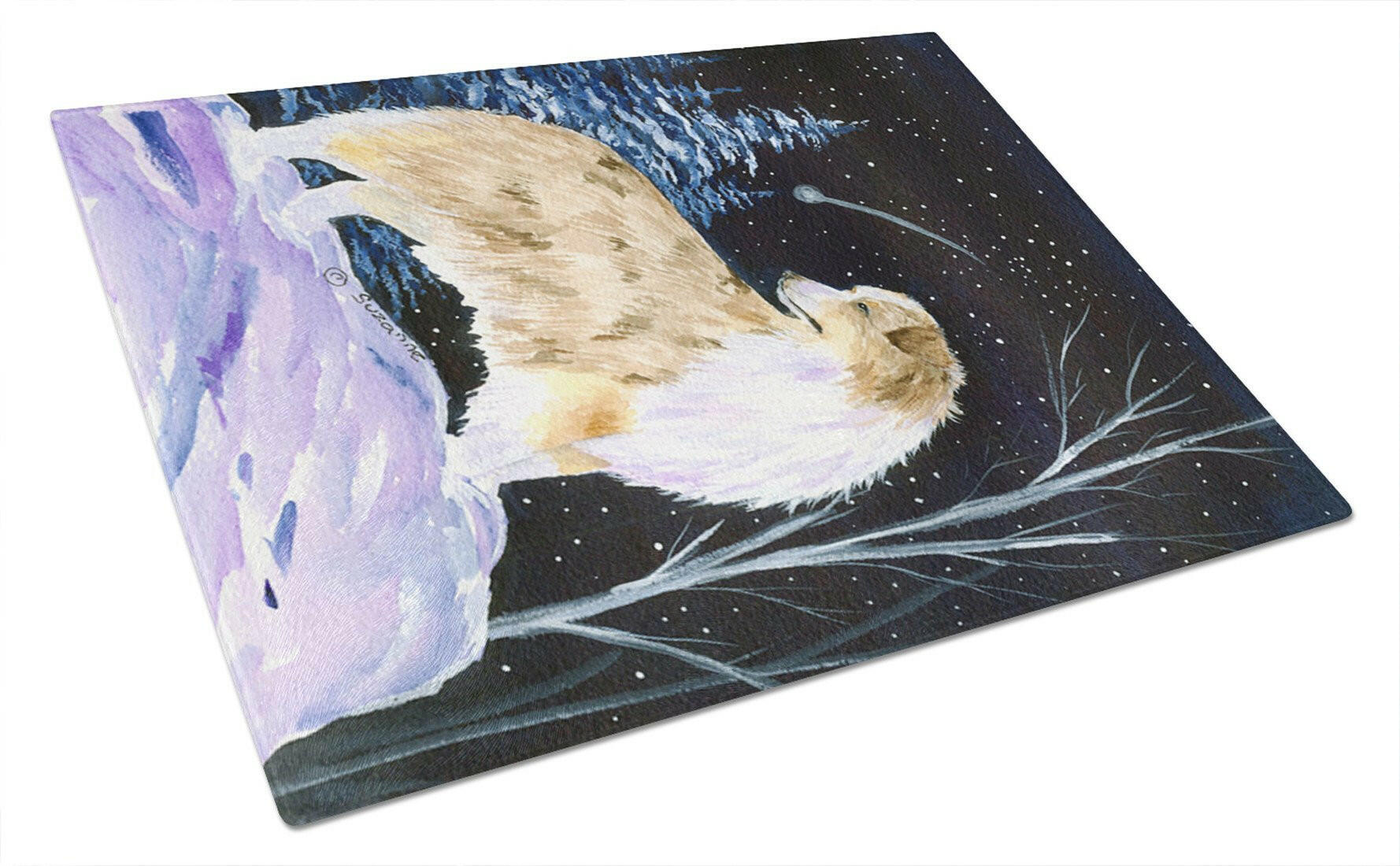 Starry Night Australian Shepherd Cutting Board Tempered Glass Kitchen Cutting Surface, Heat Resistant Chopping, Non-Slip Feet, Food Prep & Serving
