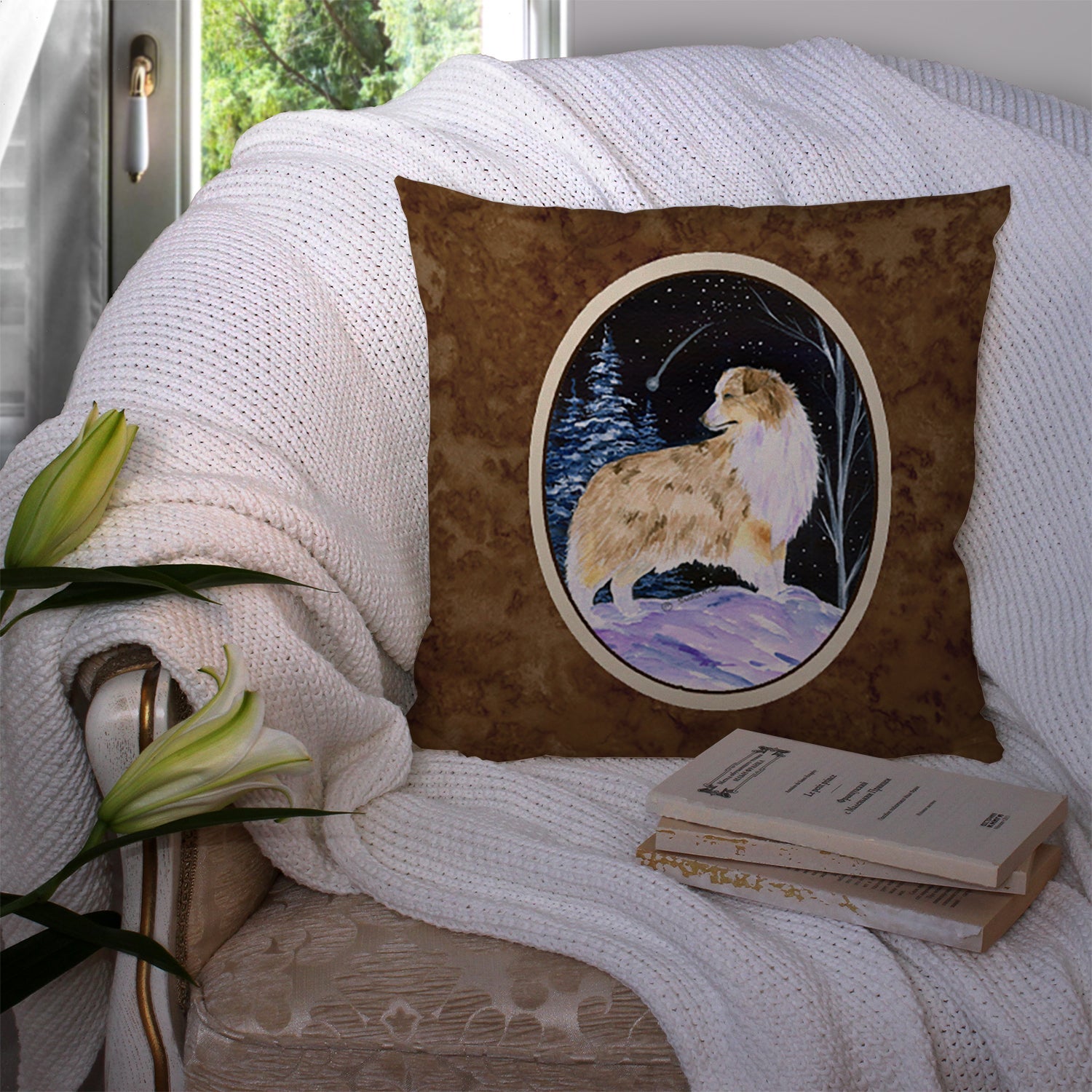 Starry Night Australian Shepherd Decorative Throw Pillow 14x14 Indoor Outdoor Accent Cushion, Fabric Cover with Insert for Sofa, Bed, Porch & Living Room