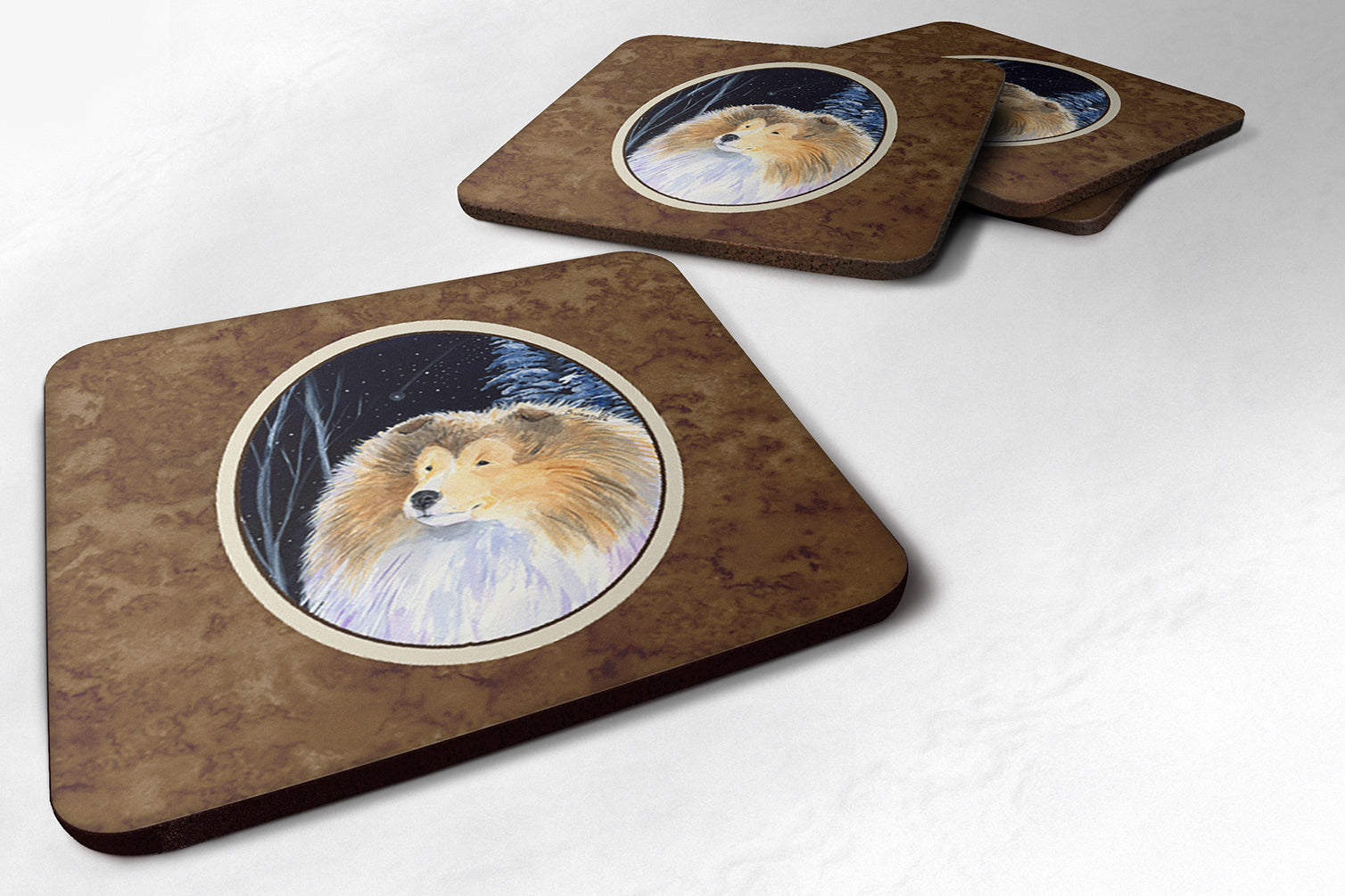 Starry Night Collie Foam Coasters Set of 4 Cup Coasters for Indoor Outdoor, Tabletop Protection, Anti Slip, Mouse pad Material