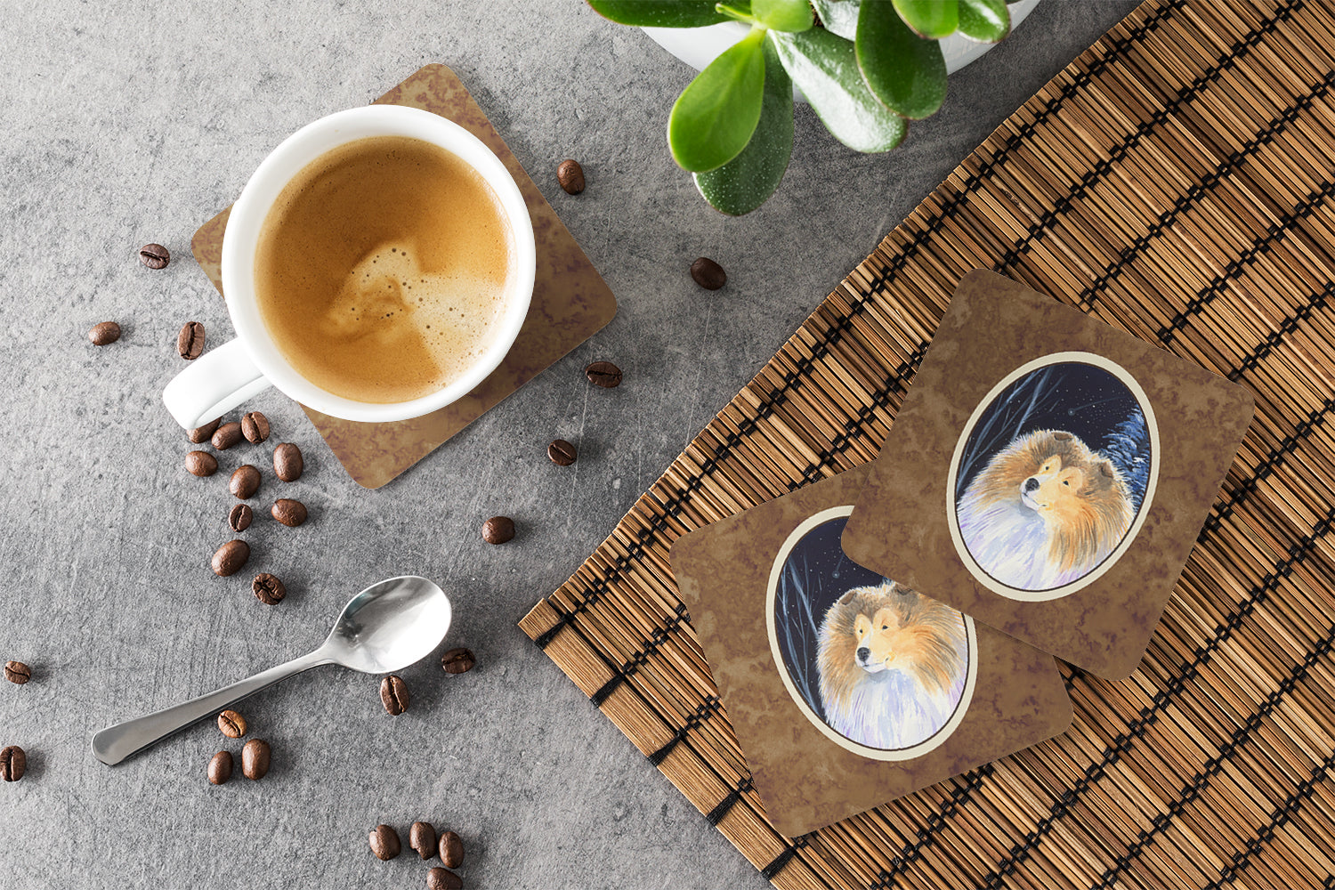 Starry Night Collie Foam Coasters Set of 4 Cup Coasters for Indoor Outdoor, Tabletop Protection, Anti Slip, Mouse pad Material