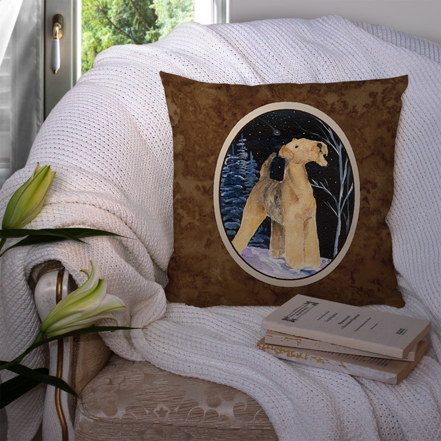 Starry Night Airedale Decorative Throw Pillow 14x14 Indoor Outdoor Accent Cushion, Fabric Cover with Insert for Sofa, Bed, Porch & Living Room