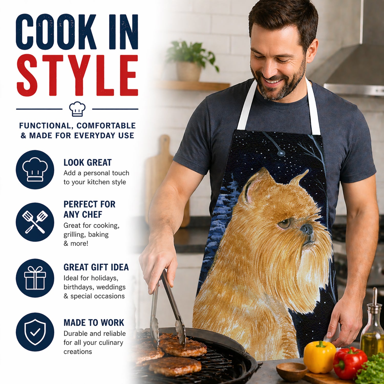 Starry Night Brussels Griffon Apron Cooking Kitchen Server Baking Crafts Gardening for Adult Women Men, Unisex, Large, Multicolor