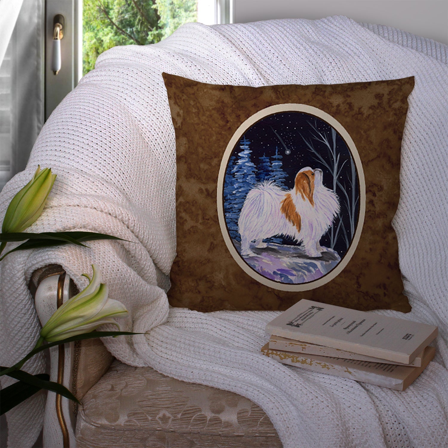 Starry Night Japanese Chin Decorative Throw Pillow 14x14 Indoor Outdoor Accent Cushion, Fabric Cover with Insert for Sofa, Bed, Porch & Living Room