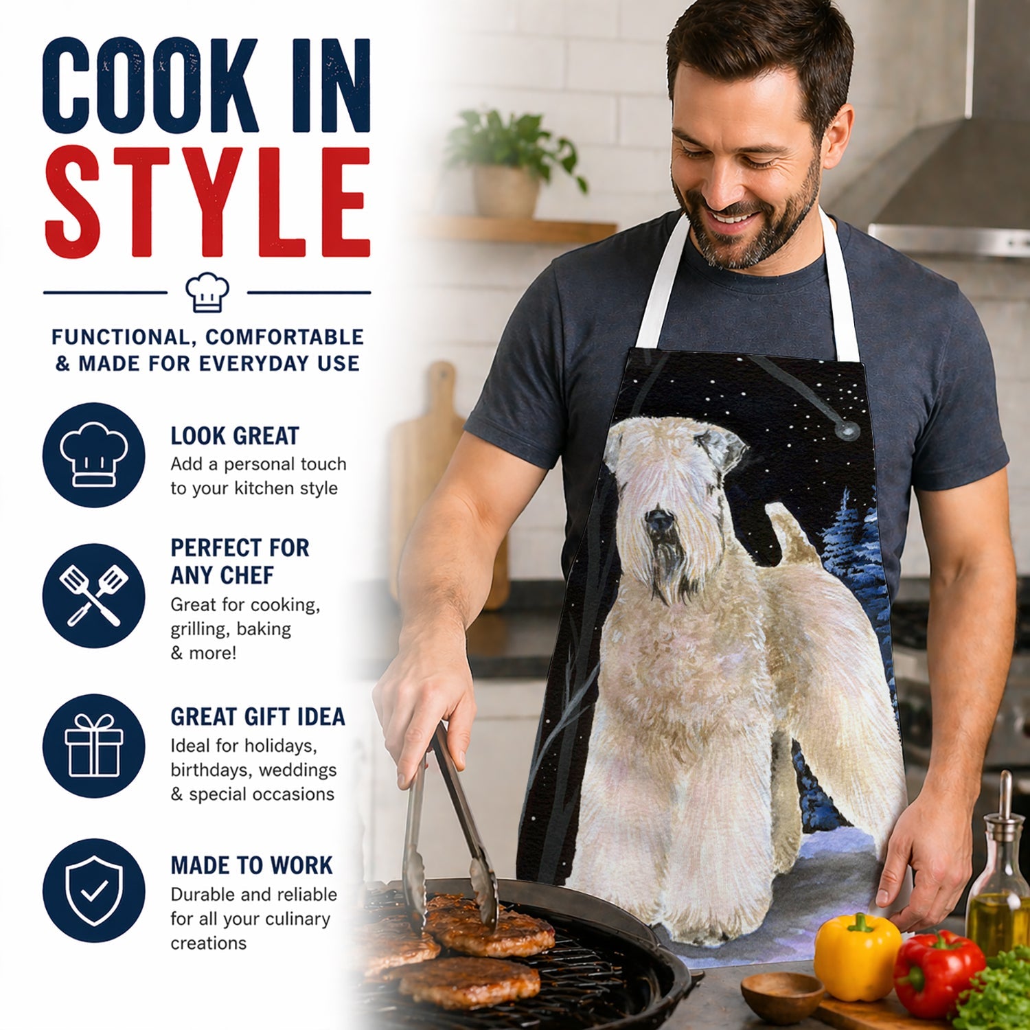 Starry Night Wheaten Terrier Soft Coated Apron Cooking Kitchen Server Baking Crafts Gardening for Adult Women Men, Unisex, Large, Multicolor