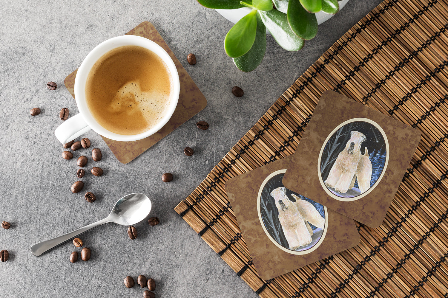 Starry Night Wheaten Terrier Soft Coated Foam Coasters Set of 4 Cup Coasters for Indoor Outdoor, Tabletop Protection, Anti Slip, Mouse pad Material