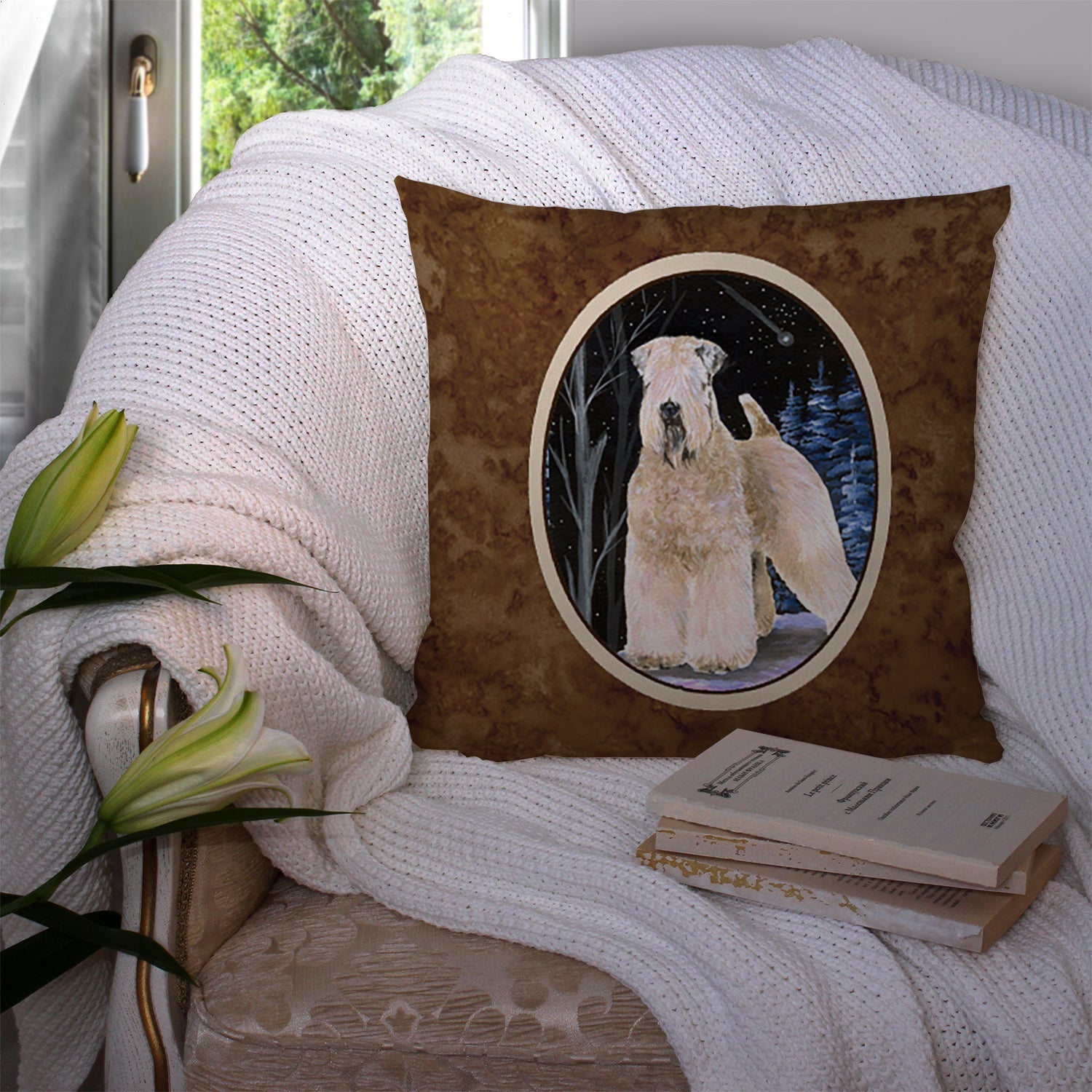 Starry Night Wheaten Terrier Soft Coated Decorative Throw Pillow 14x14 Indoor Outdoor Accent Cushion, Fabric Cover with Insert for Sofa, Bed, Porch & Living Room
