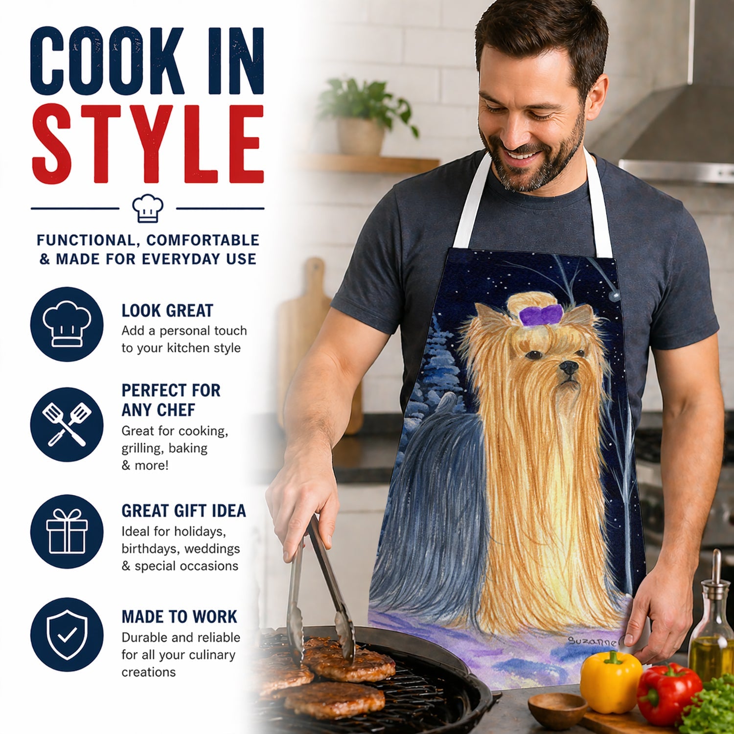 Starry Night Yorkie Apron Cooking Kitchen Server Baking Crafts Gardening for Adult Women Men, Unisex, Large, Multicolor