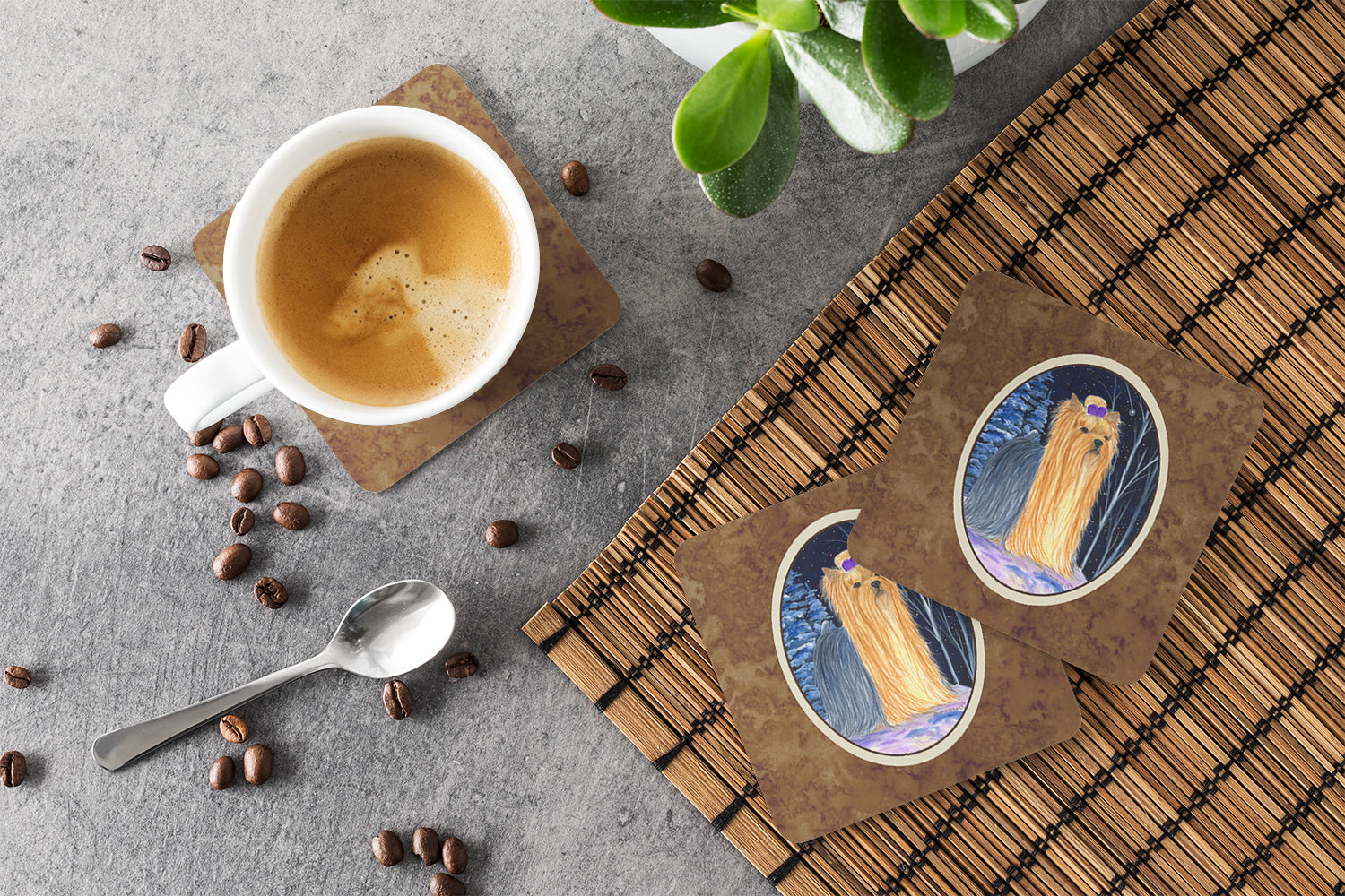 Starry Night Yorkie Foam Coasters Set of 4 Cup Coasters for Indoor Outdoor, Tabletop Protection, Anti Slip, Mouse pad Material