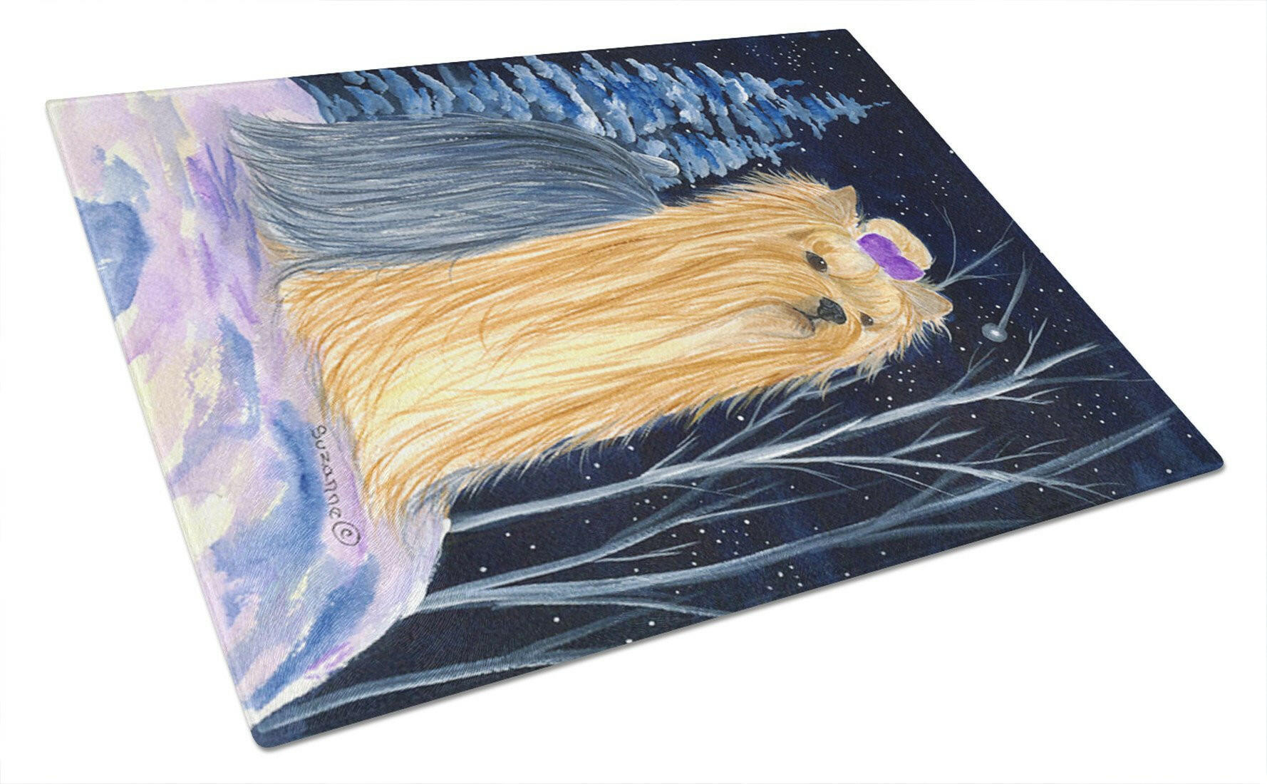 Starry Night Yorkie Cutting Board Tempered Glass Kitchen Cutting Surface, Heat Resistant Chopping, Non-Slip Feet, Food Prep & Serving