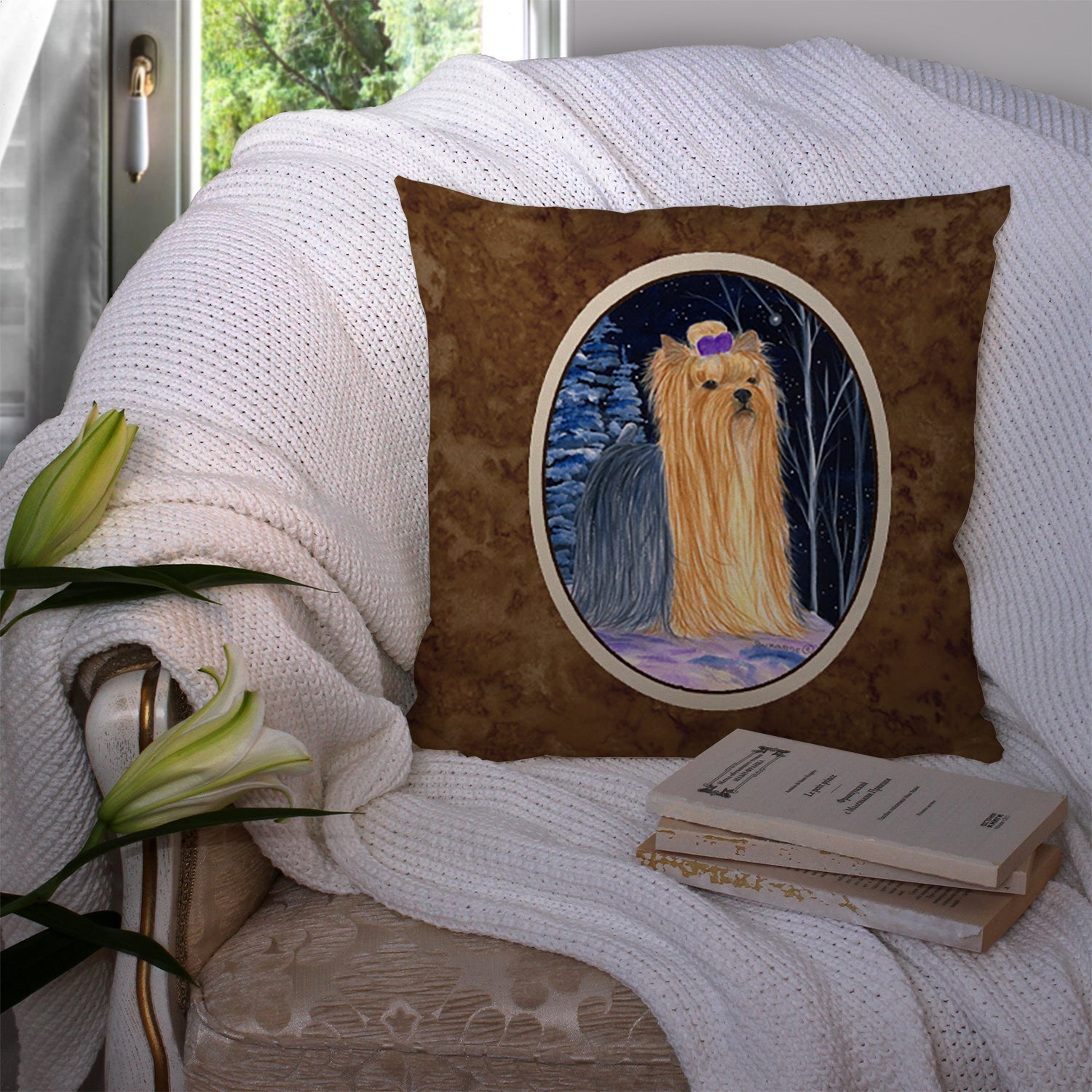 Starry Night Yorkie Decorative Throw Pillow 14x14 Indoor Outdoor Accent Cushion, Fabric Cover with Insert for Sofa, Bed, Porch & Living Room