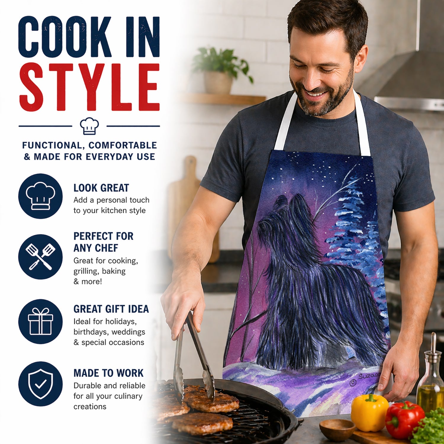 Starry Night Briard Apron Cooking Kitchen Server Baking Crafts Gardening for Adult Women Men, Unisex, Large, Multicolor