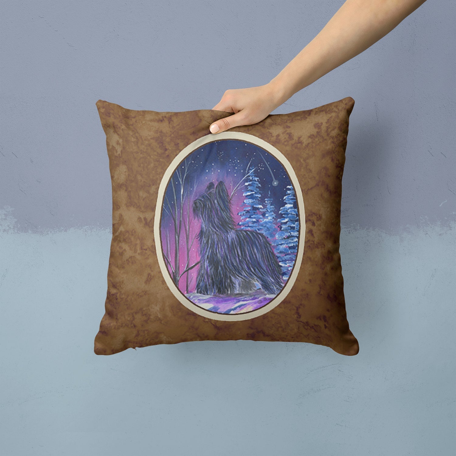 Starry Night Briard Decorative Throw Pillow 14x14 Indoor Outdoor Accent Cushion, Fabric Cover with Insert for Sofa, Bed, Porch & Living Room