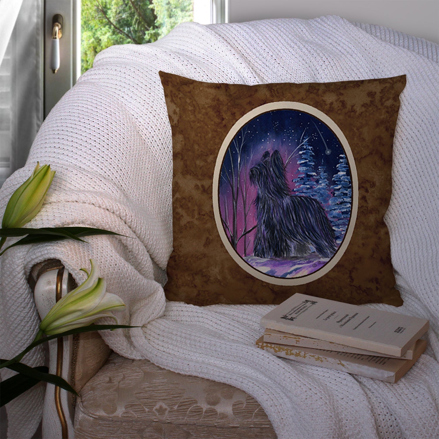 Starry Night Briard Decorative Throw Pillow 14x14 Indoor Outdoor Accent Cushion, Fabric Cover with Insert for Sofa, Bed, Porch & Living Room