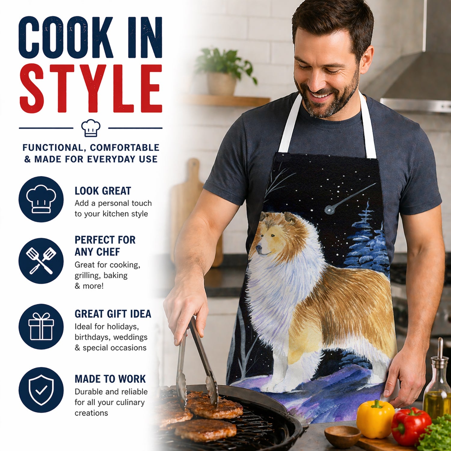 Starry Night Sheltie Apron Cooking Kitchen Server Baking Crafts Gardening for Adult Women Men, Unisex, Large, Multicolor