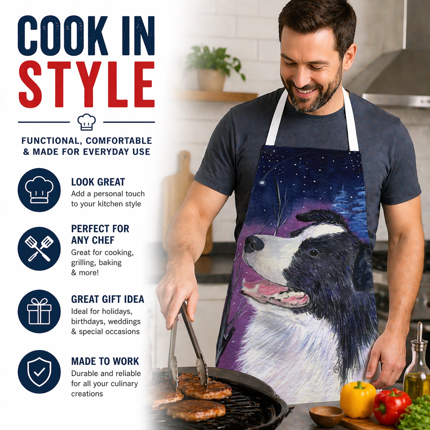Starry Night Border Collie Apron Cooking Kitchen Server Baking Crafts Gardening for Adult Women Men, Unisex, Large, Multicolor