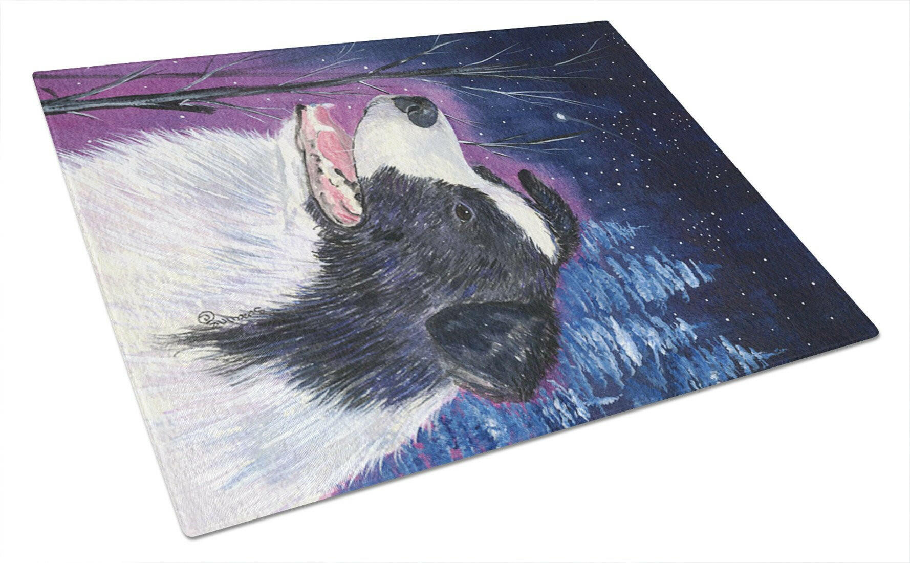Starry Night Border Collie Cutting Board Tempered Glass Kitchen Cutting Surface, Heat Resistant Chopping, Non-Slip Feet, Food Prep & Serving