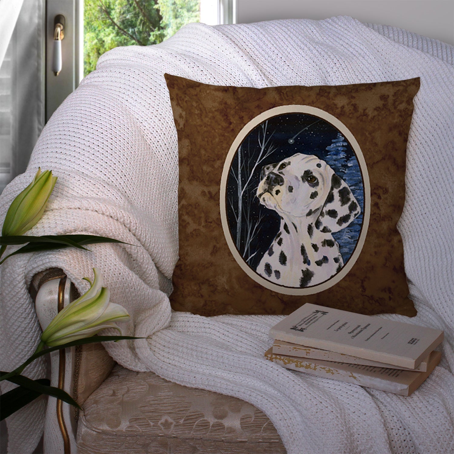 Starry Night Dalmatian Decorative Throw Pillow 14x14 Indoor Outdoor Accent Cushion, Fabric Cover with Insert for Sofa, Bed, Porch & Living Room