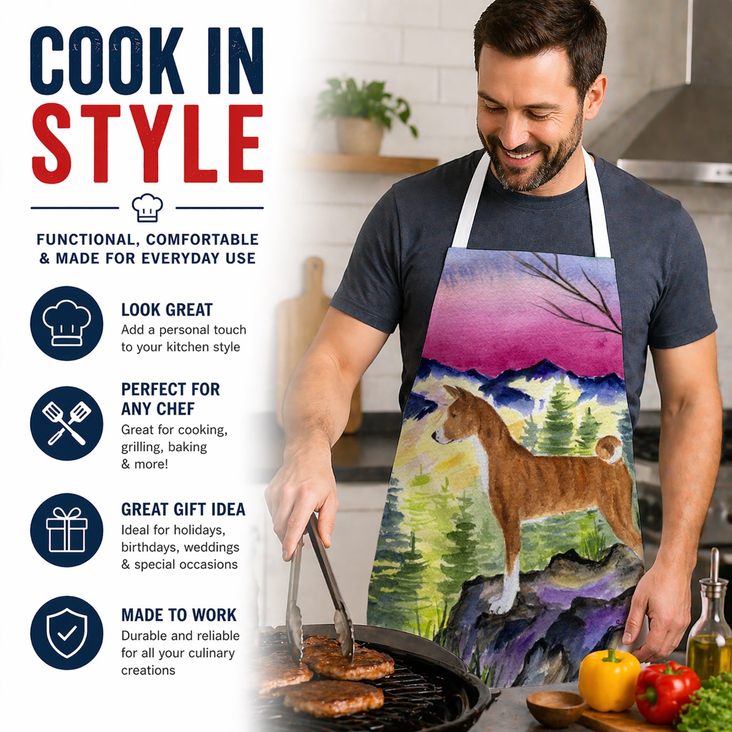 Basenji Apron Cooking Kitchen Server Baking Crafts Gardening for Adult Women Men, Unisex, Large, Multicolor