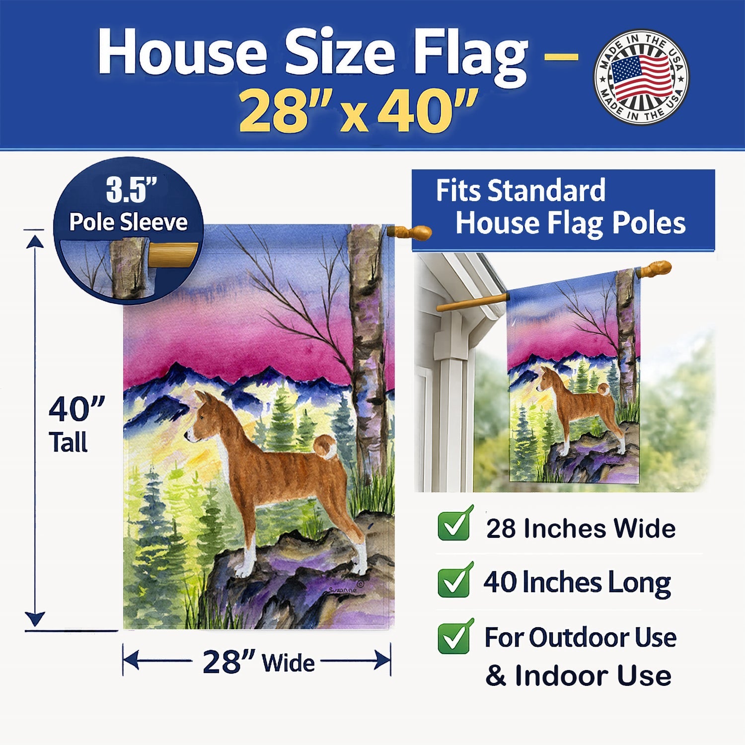 Basenji House Flag 28x40 Porch Sleeve Pole Decorative Outside Yard Banner Artwork Wall Hanging, Polyester