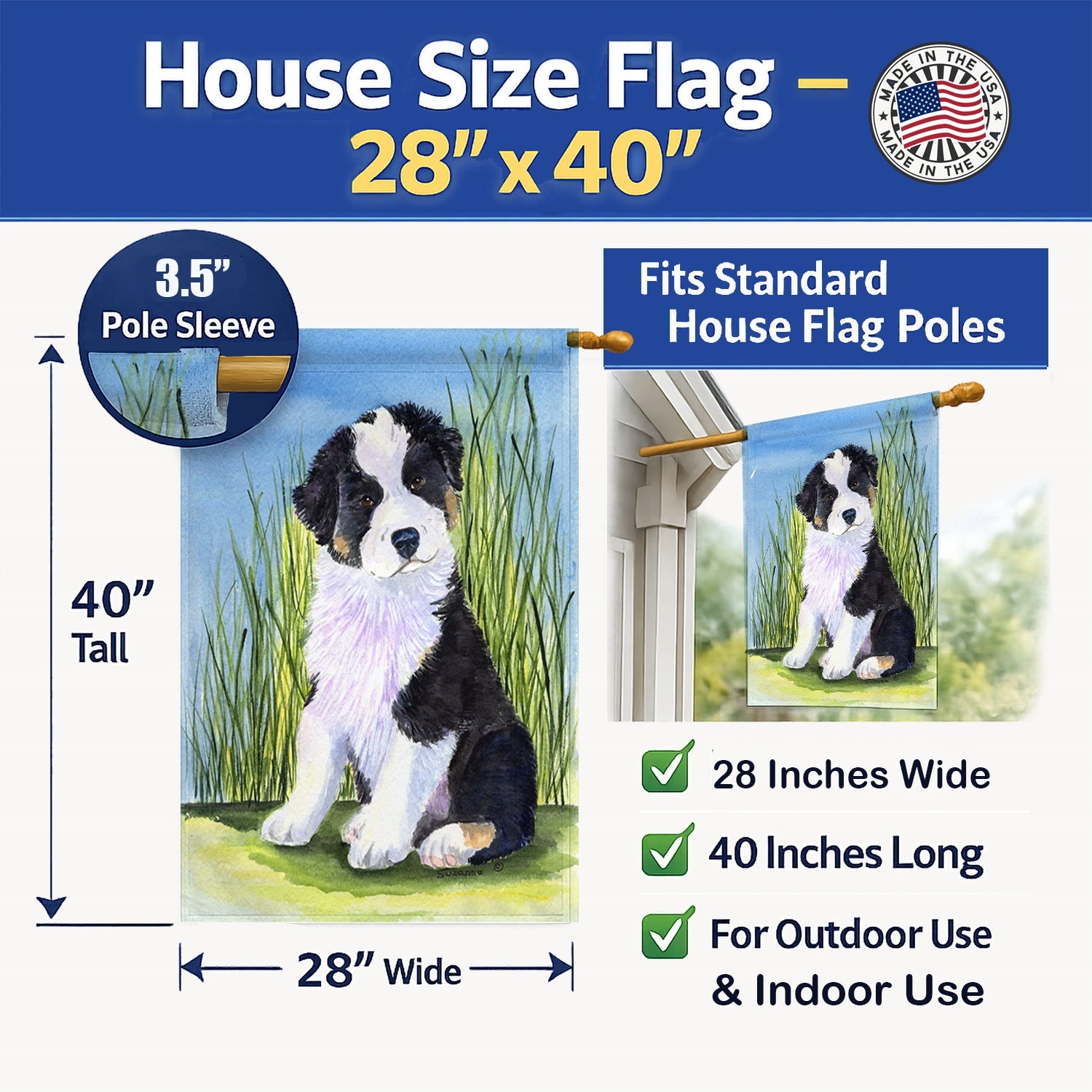 Australian Shepherd House Flag 28x40 Porch Sleeve Pole Decorative Outside Yard Banner Artwork Wall Hanging, Polyester