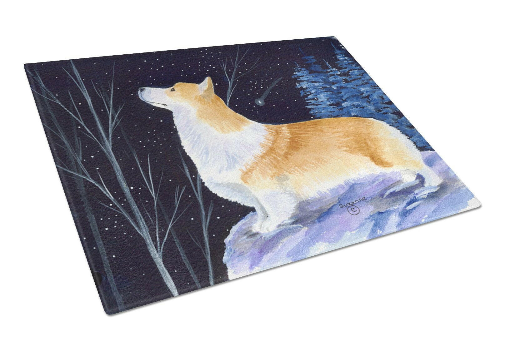 Starry Night Corgi Cutting Board Tempered Glass Kitchen Cutting Surface, Heat Resistant Chopping, Non-Slip Feet, Food Prep & Serving