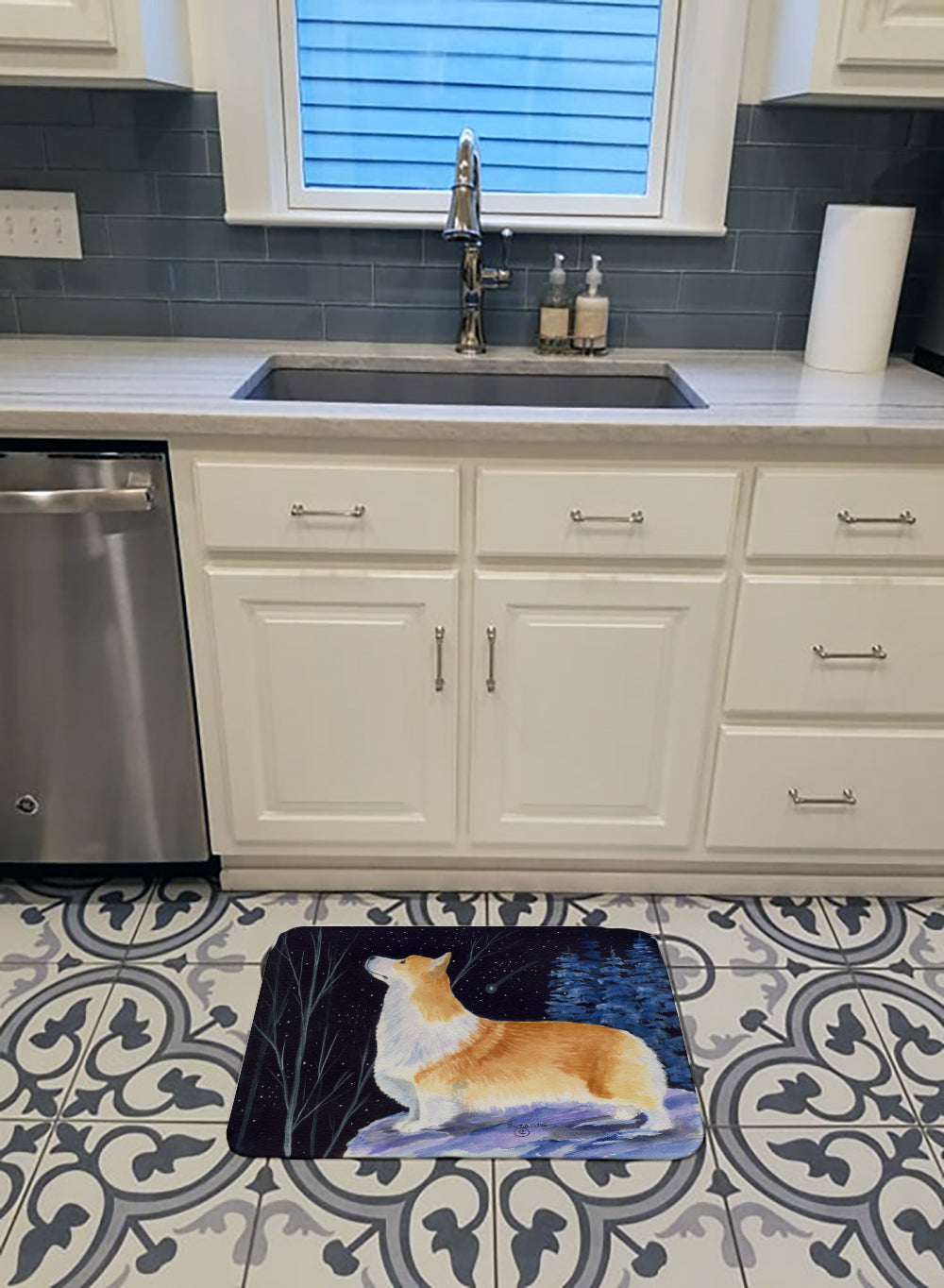 Starry Night Corgi Memory Foam Kitchen Mat Machine Washable Anti-Fatigue Cushion Comfort Bath or Kitchen Rug