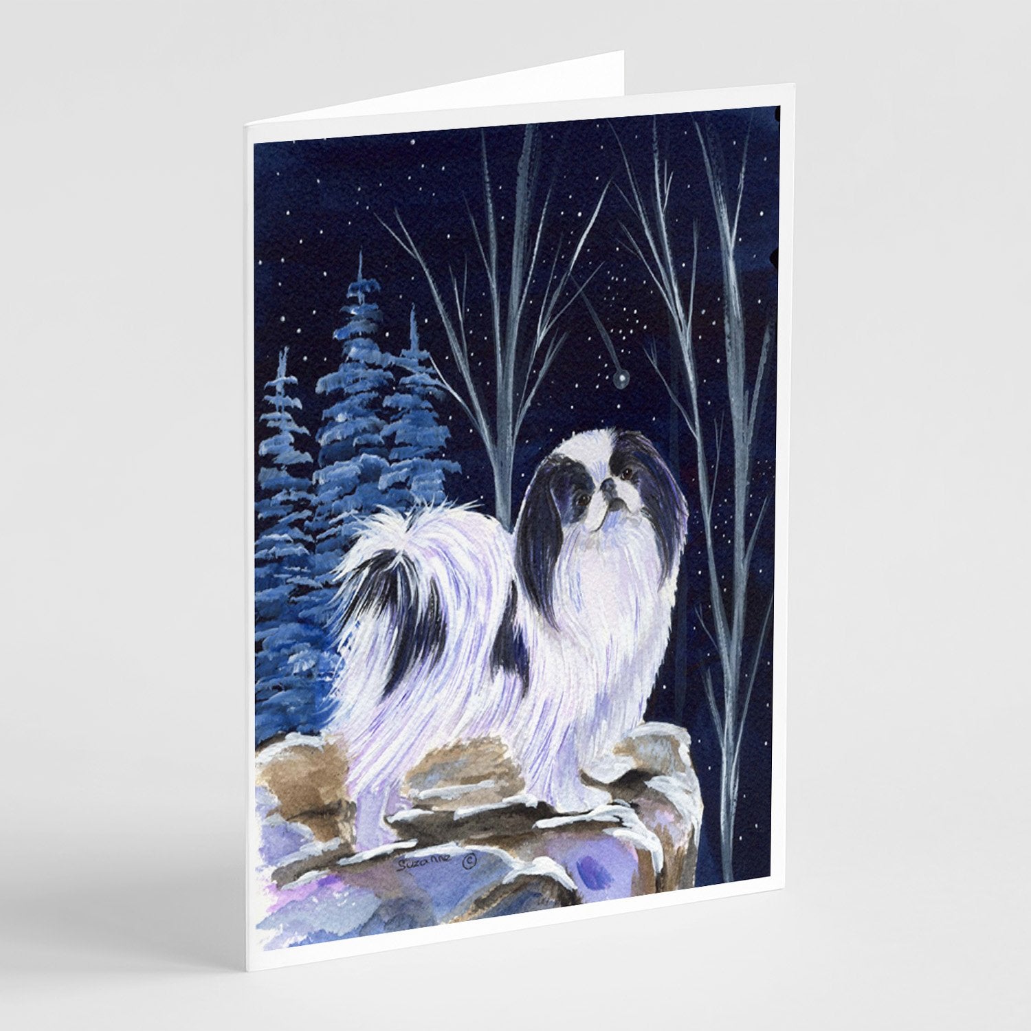 Starry Night Japanese Chin Greeting Cards Pack of 8 Blank Cards with Envelopes Whimsical A7 Size 5x7