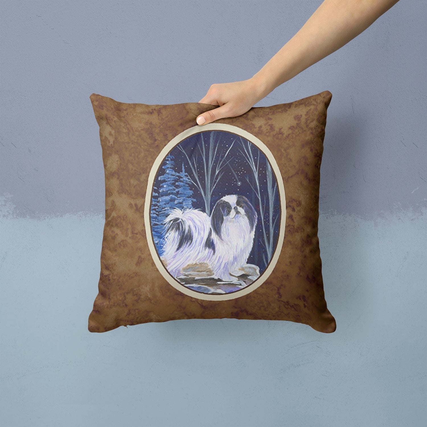 Starry Night Japanese Chin Decorative Throw Pillow 14x14 Indoor Outdoor Accent Cushion, Fabric Cover with Insert for Sofa, Bed, Porch & Living Room