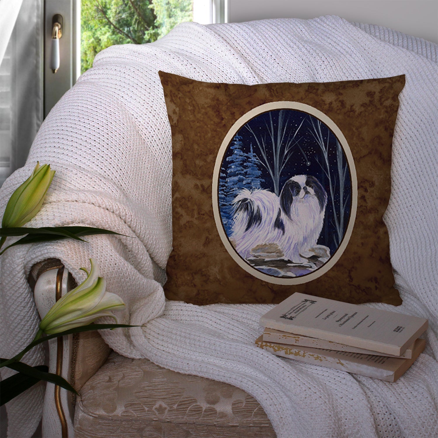 Starry Night Japanese Chin Decorative Throw Pillow 14x14 Indoor Outdoor Accent Cushion, Fabric Cover with Insert for Sofa, Bed, Porch & Living Room
