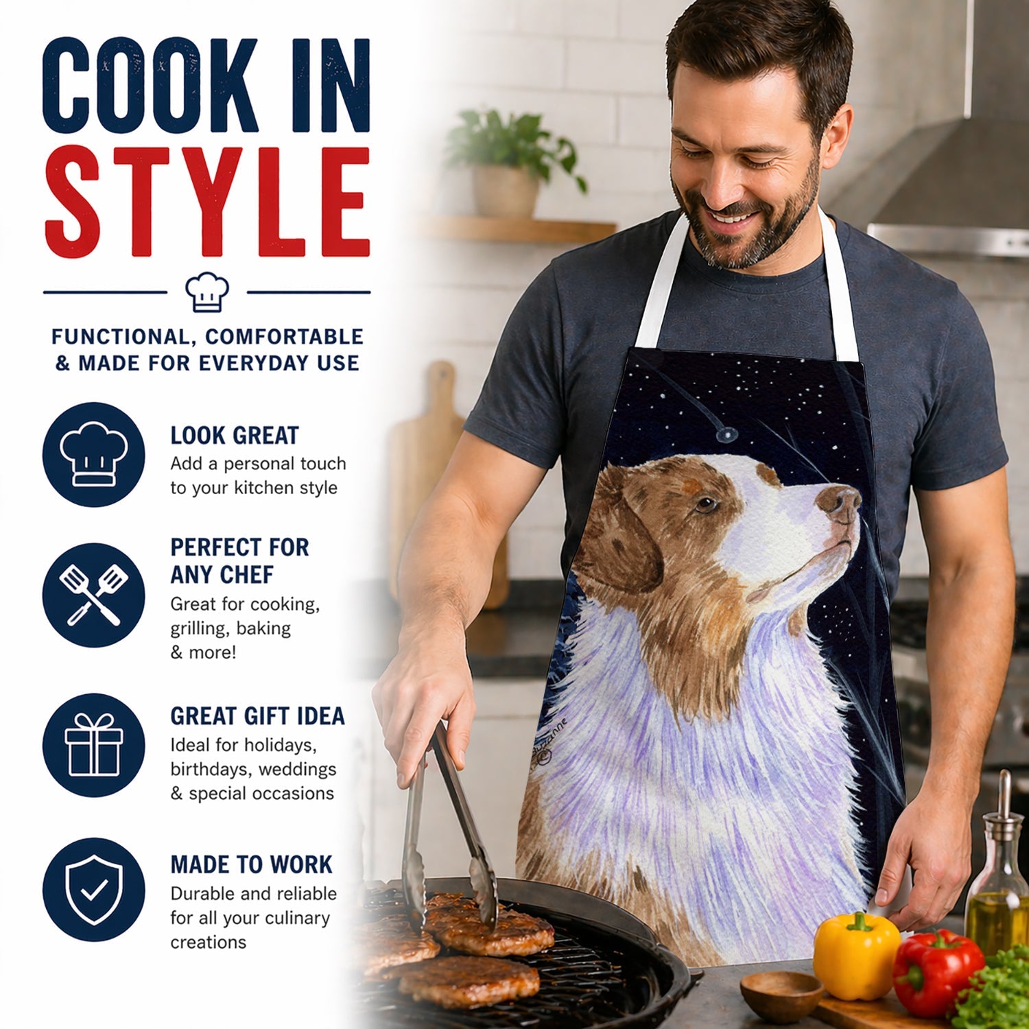 Starry Night Australian Shepherd Apron Cooking Kitchen Server Baking Crafts Gardening for Adult Women Men, Unisex, Large, Multicolor