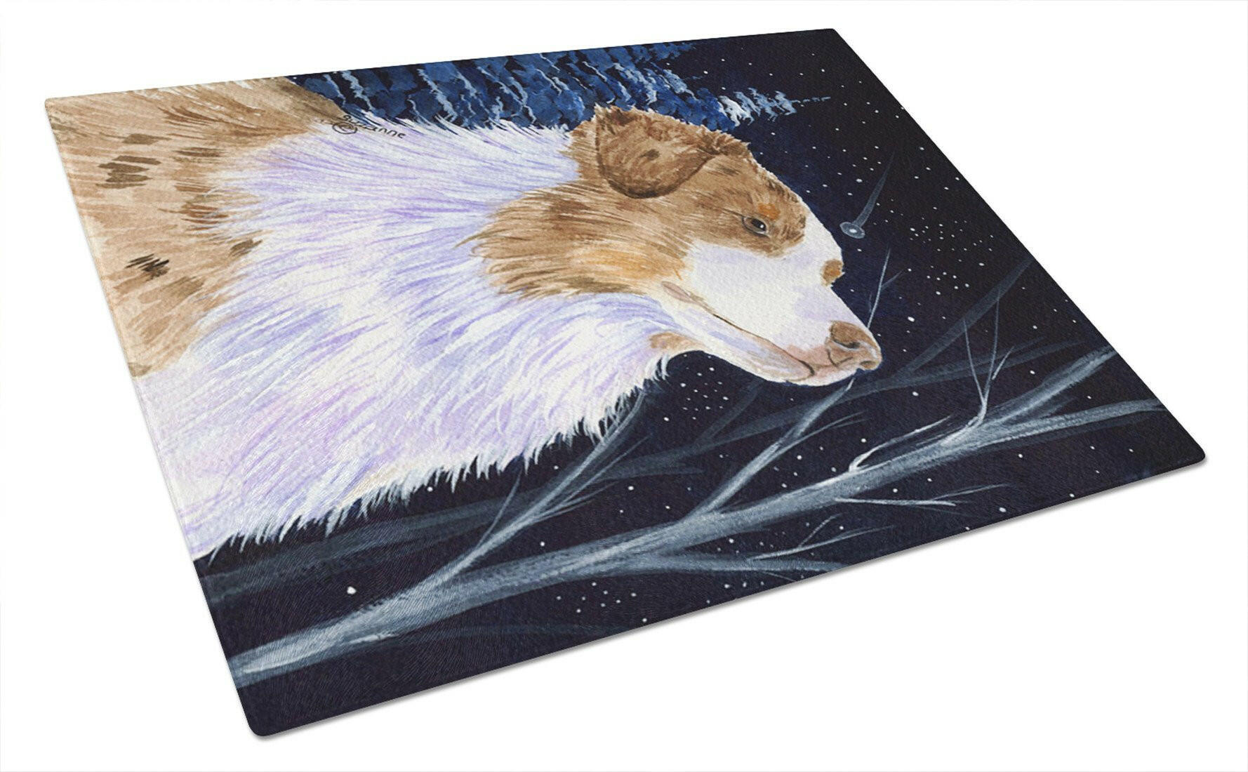 Starry Night Australian Shepherd Cutting Board Tempered Glass Kitchen Cutting Surface, Heat Resistant Chopping, Non-Slip Feet, Food Prep & Serving