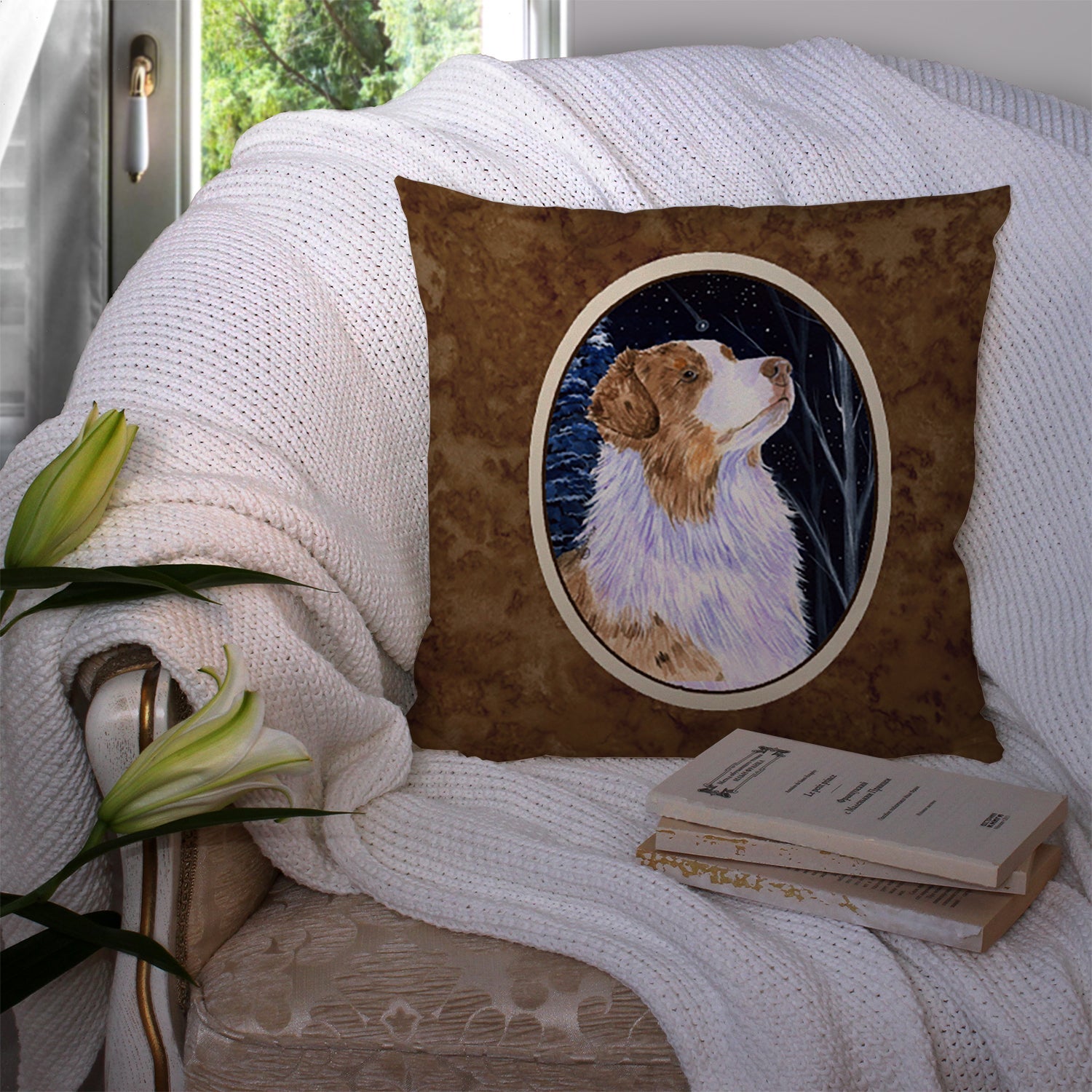Starry Night Australian Shepherd Decorative Throw Pillow 14x14 Indoor Outdoor Accent Cushion, Fabric Cover with Insert for Sofa, Bed, Porch & Living Room