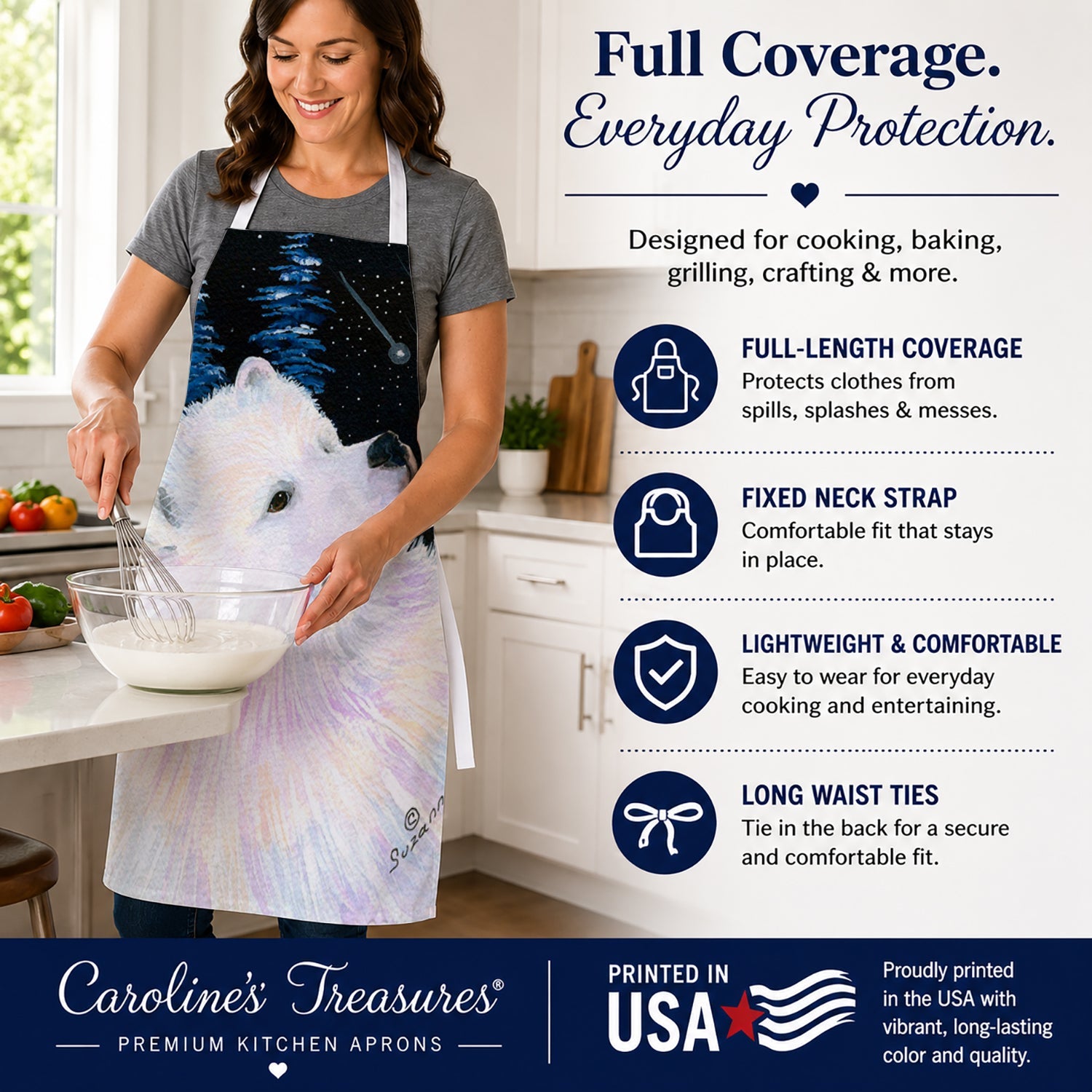 Starry Night Samoyed Apron Cooking Kitchen Server Baking Crafts Gardening for Adult Women Men, Unisex, Large, Multicolor