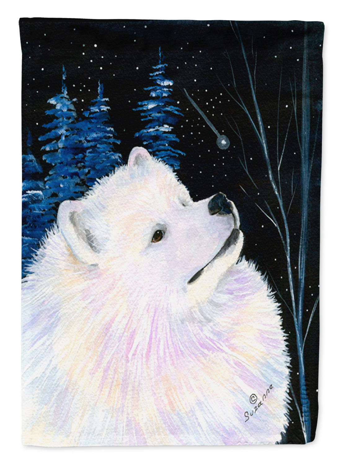 Starry Night Samoyed House Flag 28x40 Porch Sleeve Pole Decorative Outside Yard Banner Artwork Wall Hanging, Polyester