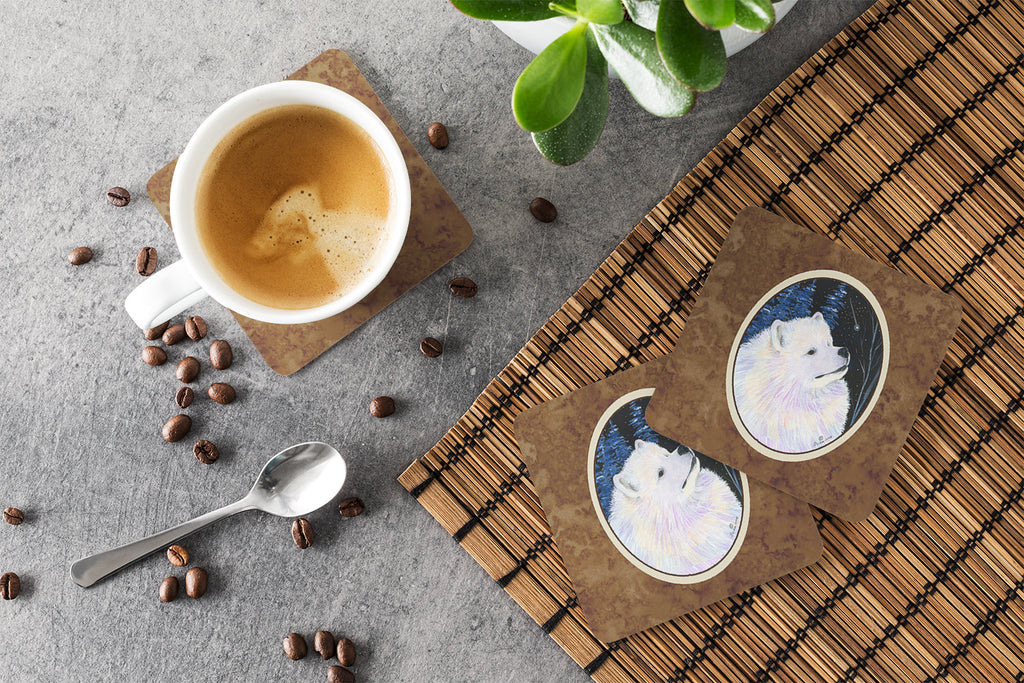 Starry Night Samoyed Foam Coasters Set of 4 Cup Coasters for Indoor Outdoor, Tabletop Protection, Anti Slip, Mouse pad Material
