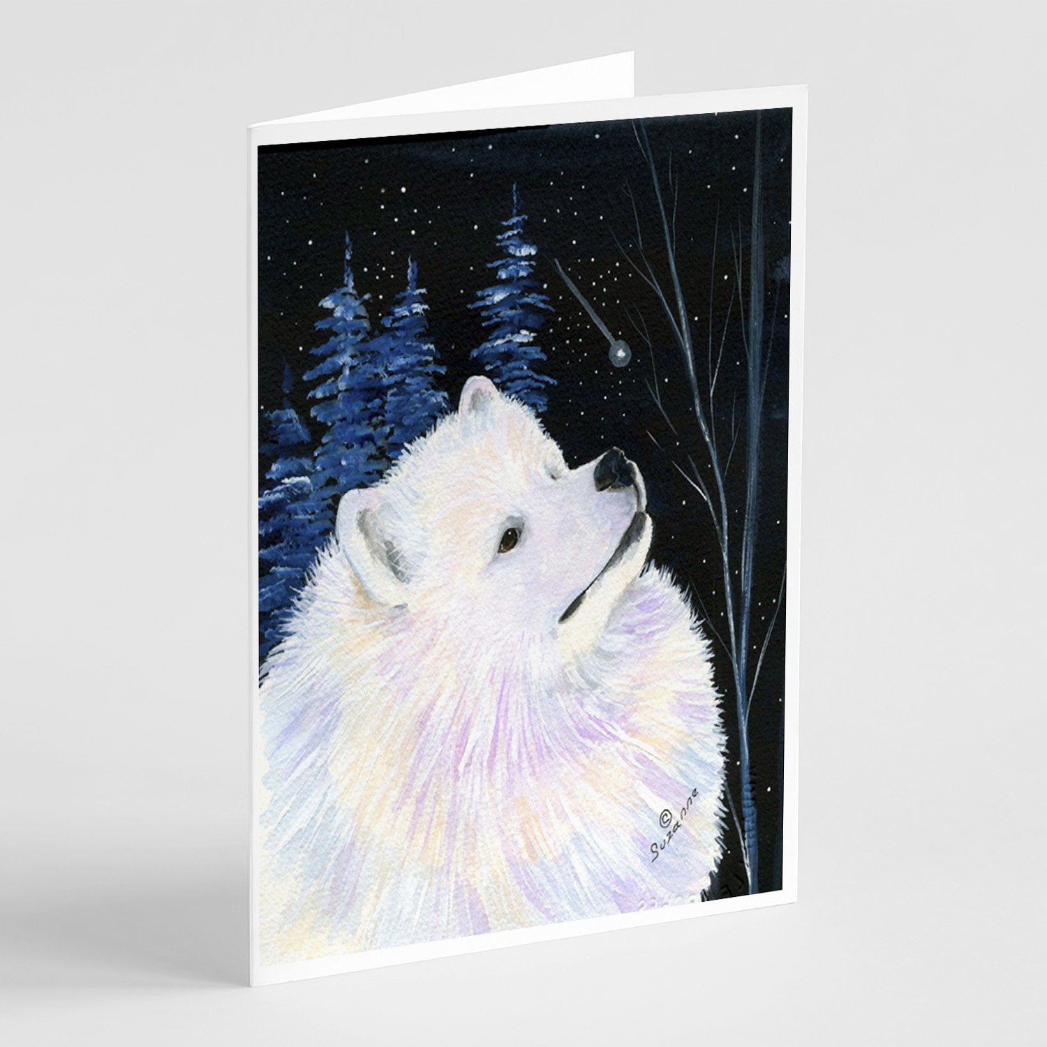 Starry Night Samoyed Greeting Cards Pack of 8 Blank Cards with Envelopes Whimsical A7 Size 5x7